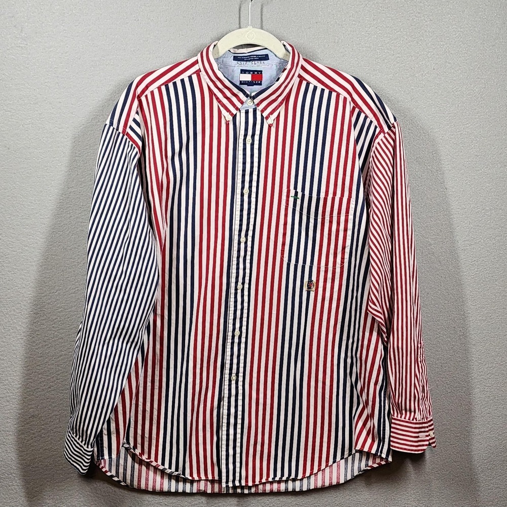 Vintage‎ Tommy Hilfiger Shirt Mens XL Red Blue Stripe Button Down Crest Logo 90s